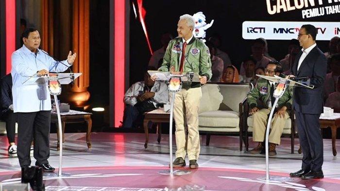 Debat Capres 2024 soal pertahanan. Capres Prabowo, Ganjar dan Anies panggung debat.