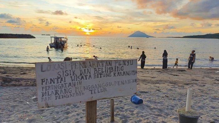 PANTAI KARANGRIA - Tanda peringatan di area tempat penyu bertelur di Pantai Karangria, Kecamatan Tuminting, Manado, Sulawesi Utara, Senin (19/5/2025).