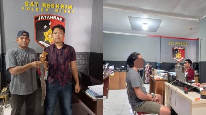 Pelaku dan barang bukti kasus adik bunuh kakak di Desa Tatelu, Kecamatan Dimembe, Kabupaten Minut, Sulawesi Utara.