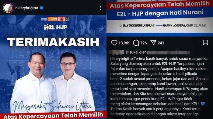 Unggahan Hillary Brigitta Lasut terkait Ucapkan Terima Kasih kepada Masyarakat Pendukung E2L-HJP Usai Pilkada Sulut 2024, lewat unggahan akun media sosial Instagram @hillarybrigitta.