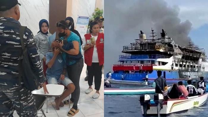 KORBAN KM BARCELONA: Kolase foto sejumlah penumpang KM Barcelona VA yang terbakar dan foto kapal yang alami kebakaran, Minggu 20 Juli 2025. Penumpang mengaku kalau ABK lompat duluan ke laut.