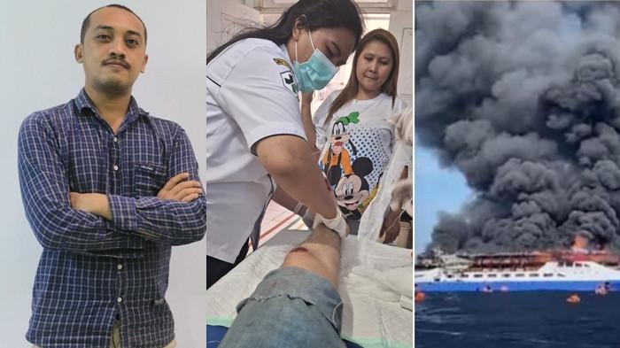 KM BARCELONA TERBAKAR: Kolase foto Rizali Posumah sebelum dan setelah kecelakaan dan foto KM Barcelona terbakar di Perairan Talise, Minut, Minggu 20 Juli 2025.