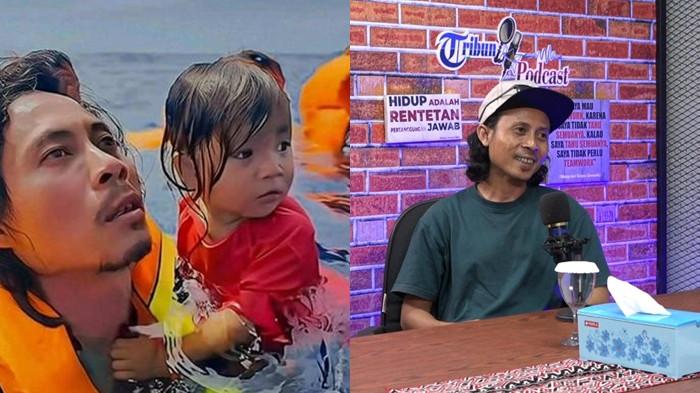 KM BARCELONA - Kolase foto momen Haru Abdul Rahman Agu menenangkan seorang balita di tengah lautan perairan Talise Minut saat KM Barcelona VA terbakar, Minggu (20/7/2025) dan foto Abdul Rahman Agu dalam Podcast Tribun Manado.