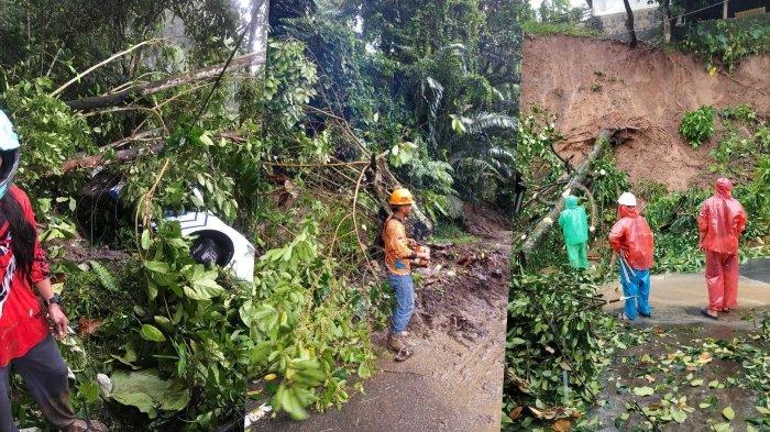 MASUK JURANG - Kolase longsor jalan Sawangan Tanggari, Minahasa Utara, Sulawesi Utara, Minggu 18 Mei 2025. Sebuah mobil sedan patroli lalulintas masuk jurang dan sebuah mobil avansa terjebak longsor.