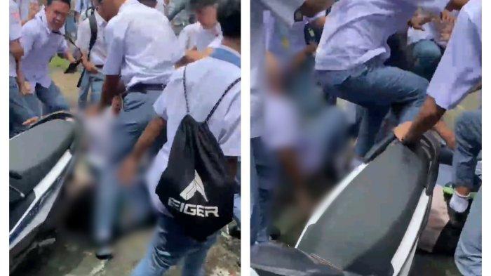 PENGANIAYAAN - Seorang siswa dianiya sejumlah siswa lainnya di jalan Tikala Ares di Kecamatan Tikala, Manado, Sulawesi Utara, Senin (2/6/2025). Siswa tersebut dianiaya hingga tak berdaya.