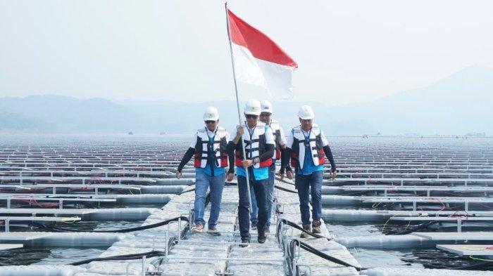Direktur Utama PLN Darmawan Prasodjo (kedua dari kiri) didampingi Direktur Manajemen Pembangkitan PLN Adi Lumakso (kiri), Direktur Utama PLN Nusantara Power Ruly Firmansyah (kanan), dan Managing Director Masdar Asia Pacific, Sujit S. Parhar (kedua dari kanan) berjalan diantara panel surya untuk memasang bendera merah putih saat meninjau pembangkit listrik tenaga surya (PLTS) terapung Cirata di Purwakarta, Jawa Barat. Kehadiran PLTS ini menjadi bukti bahwa PLN mampu menjadikan transisi energi menjadi sebuah kekuatan untuk meningkatkan ketahanan energi nasional.