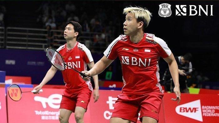 Pasangan ganda putra Marcus Fernaldi Gideon/Kevin Sanjaya Sukamuljo, saat memperkuat tim Indonesia di turnamen badminton Sudirman Cup 2023.