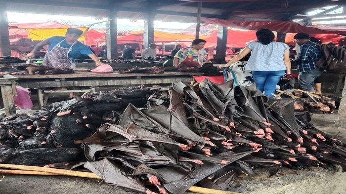 Penampakan daging kelelawar yang dijual di Pasar Langowan Minahasa Sulawesi Utara, Sabtu 21 Oktober 2023. Foto Tribunmanado.co.id/Indri Fransiska Panigoro