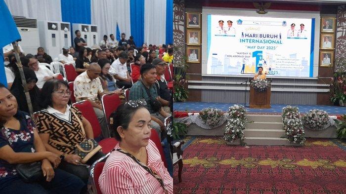MAY DAY: Peringatan hari buruh atau May Day oleh Pemprov Sulut dan Pemkot Manado di aula kantor Pemkot Manado, Sulut, berlangsung meriah, Kamis (1/5/2025).