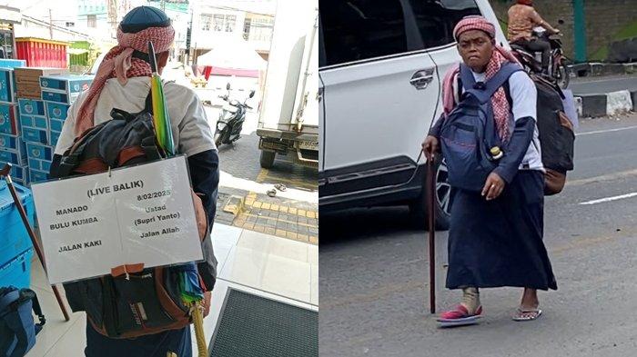 JALAN KAKI VIRAL - Potret Ustad Supri Yanto, pejalan kaki antar Provinsi, saat ditemui di Area Malalayang, Kota Manado, Sulawesi Utara Sabtu (8/2/2025) sekitar pukul 11.50 WITA.. Ia akan jalan kaki menuju ke Bulukumba, Sulawesi Selatan.