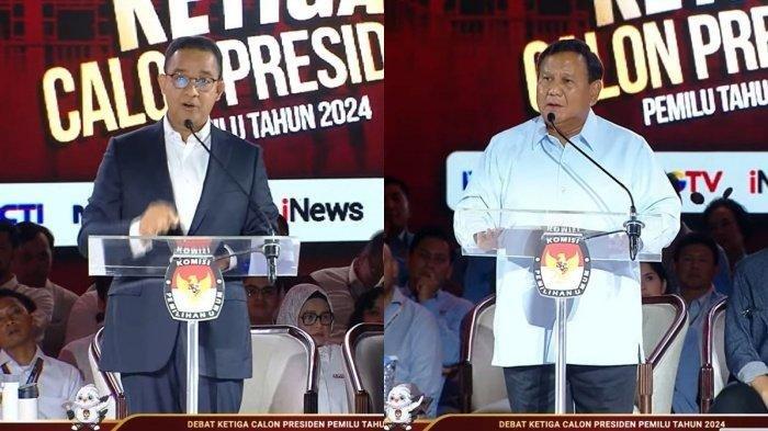 Capres 01 Anies dan Capres 02 Prabowo saat debat Pilpres 2024.