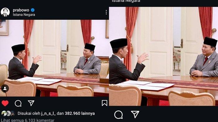 Prabowo mengunggah sebuah foto yang menunjukkan ia dan Presiden Jokowi duduk satu meja di salah satu ruangan istana.