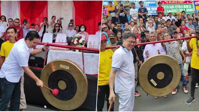 Kolase foto Wakil Gubernur Sulut, Steven Kandouw dan Wali Kota Manado, Andrei Angouw memukul gong tanda dimulainya prosesi Cap Go Meh di Kampung China Manado, Sabtu (24/2/2024).