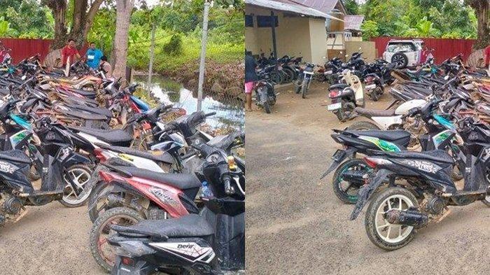 TERJARING - Puluhan kendaraan roda dua yang terjaring operasi knalpot bising yang digelar Satlantas Polres Mitra, Jumat 23 Mei 2025 di Kecamatan Ratatotok