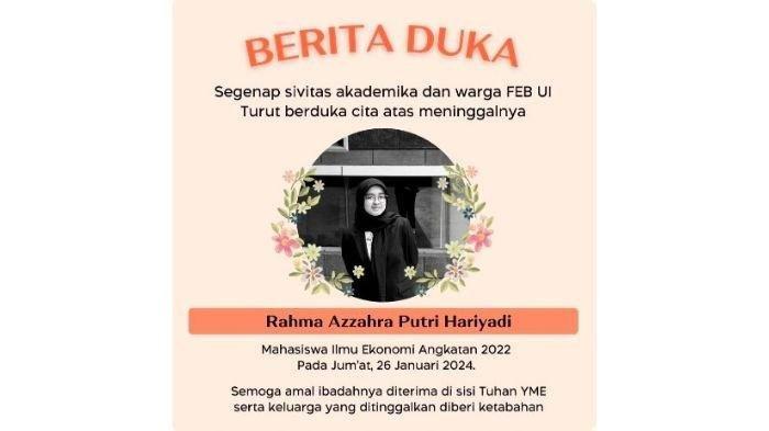 Rahma Azzahra Putri Hariyadi meninggal kecelakaan di Tol Jagorawi KM 33, Kabupaten Bogor, Jawa Barat.