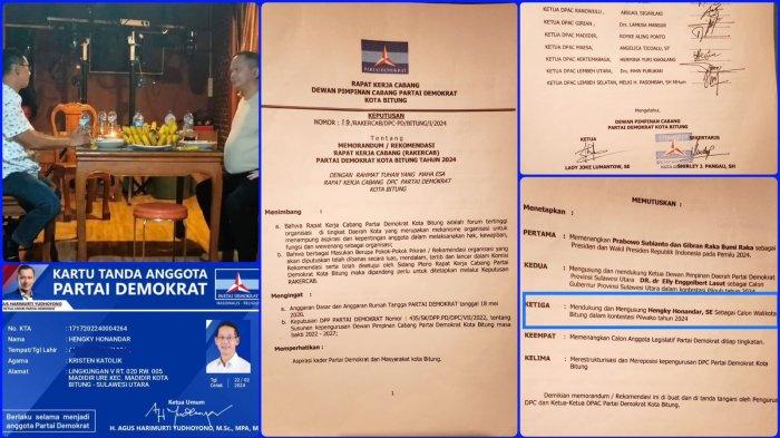 Saat Calon Walikota Bitung dari Gerindra Hengky Honandar dan Ketua Demokrat Sulut Elly E Lasut kolase KTA Demokrat Hengky Honandar serta Hasil Rakercab Partai Demokrat Bitung.