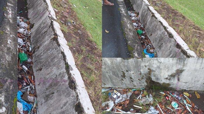 KOTOR: Saluran air di samping Lapangan Olahraga di Kelurahan Motoboi Kecil Kotamobagu, Sulut yang dipenuhi sampah, Jumat 13 Juni 2025. Terlihat saluran tersebut dalam keadaan kotor dan dipenuhi berbagai jenis sampah.
