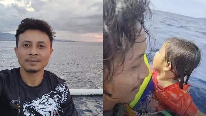 SELAMATKAN - Sosok Abdul Rahman Agu saat menyelamatkan balita dalam peristiwa kebakaran KM Barcelona VA di perairan Talise, Minahasa Utara (Minut), Sulawesi Utara (Sulut), Minggu (20/7/2025).