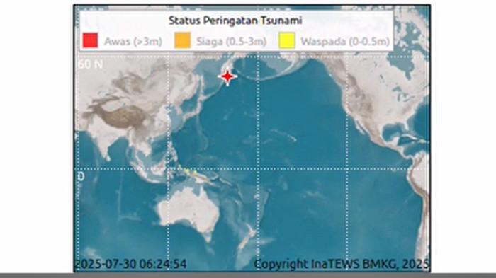 POTENSI TSUNAMI - Tangkap layar pemaparan BMKG terkait potensi tsunami di wilayah Indonesia. Disampaikan siang ini Rabu (30/7/2025) pada konferensi pers secara virtual.