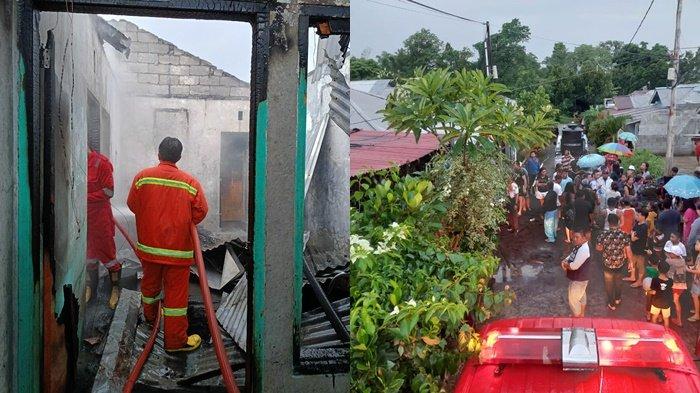 Tim dari Dinas Pemadam Kebakaran (Damkar) saat memadamkan api yang membakar satu unit rumah di Perum Viola Gaharu Watutumou, Minut, Sulawesi Utara, Jumat 12 Januari 2024.