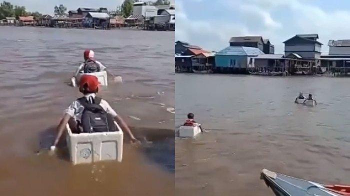 Viral siswa SD naik styrofoam sebrangi sungai ke sekolah.