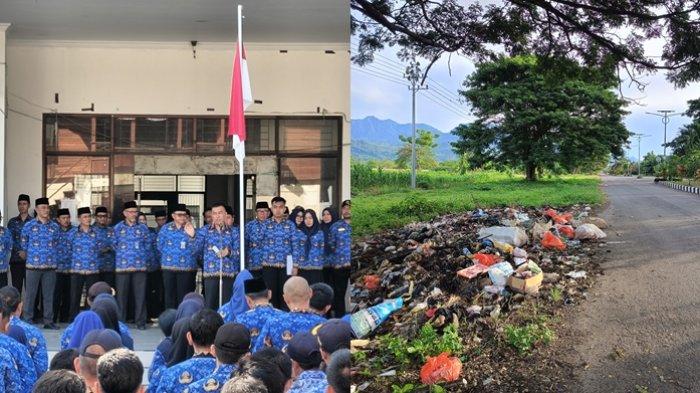 SAMPAH - Wakil Bupati Boltim, Sulawesi Utara (Sulut) Argo Sumaiku saat membawakan sambutan di apel perdana, Selasa 22 April 2025. Dalam apel tersebut, Wakil Bupati Boltim geram sampah di Tutuyan dan Atoga belum dibersihkan.