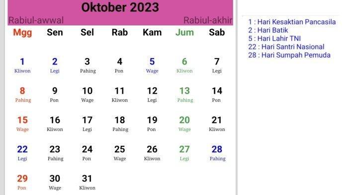 Kalender jawa Oktober 2023.