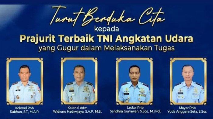 4 PERWIRA TERBAIK TNI AU GUGUR: Pesawat tempur super tucano nomor ekor TT-3111 ditumpangi Letkol Pnb Sandhra Gunawan sebagai Frontseater dan Kolonel Adm Widiono bertindak sebagai Backseater. Lalu, Pesawat tempur super tucano nomor ekor TT-3103 ditumpangi Mayor Pnb Yuda A. Seta selaku Frontseater dan Kolonel Pnb Subhan sebagai Backseater. (HO)