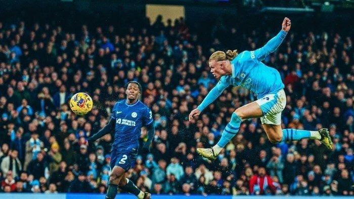 Aksi penyerang Manchester City, Erling Haaland saat melawan Chelsea pada pekan ke-25 Liga Inggris, Minggu (18/2/2024) dini hari WIB.