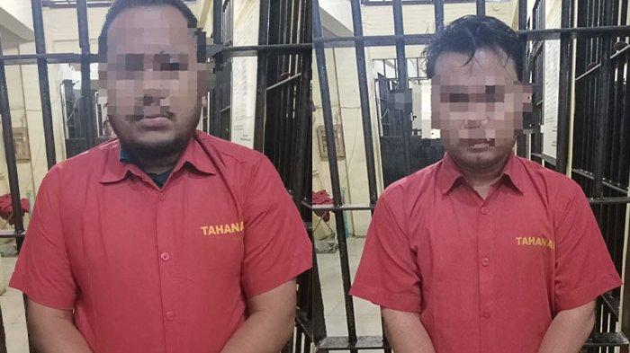 Foto tersangka anggota Bawaslu Medan Azlansyah Hasibuan (kanan) dan Fahmy Wahyudi Harahap (kiri), tersangka dugaan pemerasan terhadap calon anggota legislatif DPRD kota Medan.