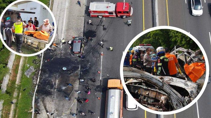 Polisi memeriksa bangkai kendaraan yang mengalami kecelakaan di Tol Jakarta-CIkampek KM 58, Karawang Timur, Jawa Barat, Senin (8/4/2024). Kecelakaan yang melibatkan tiga kendaraan yaitu Bus Primajasa, Grand Max dan Daihatsu Terios tersebut mengakibatkan 12 orang tewas. (AKBAR NUGROHO GUMAY)
