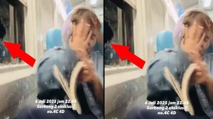 DILEMPARI BATU - Tangkapan layar video penumpang kereta dilempari batu di jendela, Minggu (6/7/2025). Kondisi pilu penumpang kereta api Sancaka usai dilempari batu dari jendela. Mata korban kena serpihan kaca. Respon dari pihak KAI diserbu netizen.