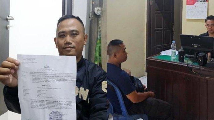SATPAM DILAPORKAN POLISI- (KIRI) Apriyana Nasrulloh, satpam di Kecamatan Baros, Kota Sukabumi, Jawa Barat, ditetapkan sebagai tersangka kasus dugaan pengeroyokan karena amankan OTK, menunjukkan bukti penetapan tersangka oleh penyidik Polsek Baros, Selasa (17/6/2025).