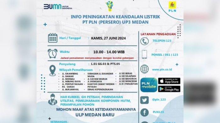 Info pemadaman listrik di ULP Medan Baru