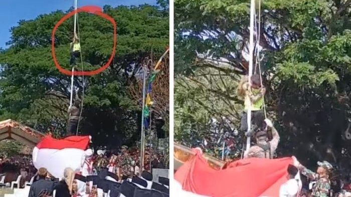 Bripka Suparno memanjat tiang bendera untuk menarik tali yang terlepas saat upacara HUT ke-78 Kemerdekaan RI di Lapangan Gebyok, Kalimati, Juwangi, Kabupaten Boyolali. Aksinya dipuji banyak pihak sebab berkatnya upacara bendera tetap berlangsung kembali dengan khidmat, Kamis (17/8/2023)