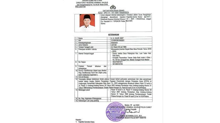 Jepretan layar penerbitan daftar pencarian orang (DPO) mantan Bupati Batu Bara, Zahir.