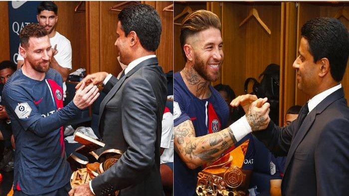 Lionel Messi dan Sergio Ramos menerima trofi emas dari Presiden PSG Nasser Al-Khelaifi.