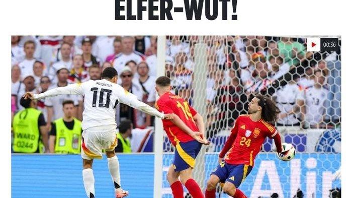Momen handball pemain timnas Spanyol, Marc Cucurella, yang tidak dianggap penalti oleh Anthony Taylor untuk timnas Jerman pada perempat final Euro 2024 di Stuttgart Arena (5/7/2024).