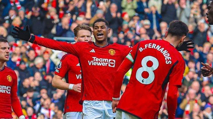Selebrasi Marcus Rashford usai mencetak gol ke gawang Everton di Old Trafford dalam lanjutan pekan ke-28 Liga Inggris 2023-2024 pada Sabtu (9/3/2024). (Twitter Manchester United)