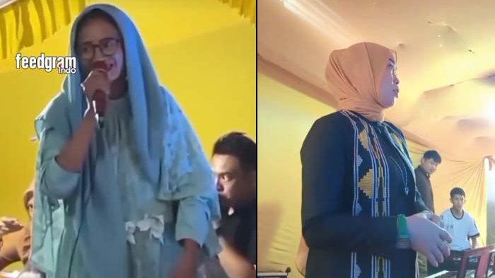 REBUT MIC BIDUAN - Tangkapan layar aksi viral ibu-ibu merebut mic (kiri) saat biduan (kanan) sedang bernyanyi di hajatan. Ibu-ibu tersebut panik dihujat netizen se-Indonesia hingga bikin klarifikasi pada Minggu (20/4/2025).