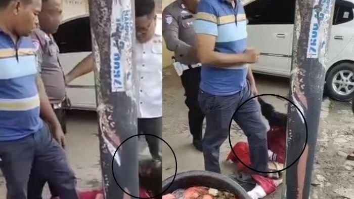 POLISI TENDANG ODGJ - Tangkapan layar oknum polisi di Labuhan Batu sengaja menendang kepala wanita ODGJ, Jumat (7/3/2025). Alasan polisi berinisial Bripka J menendang kepala wanita tersebut lantaran kesal motornya dibakar.