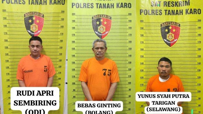 Ketiga tersangka pembunuhan Rico Sempurna Pasaribu sekeluarga di Tanah Karo, RAS, YT dan BS.