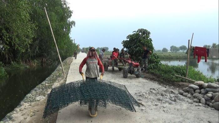 JALAN- Personel TNI-AD yang sedang membuat jalan beton di pinggiran Kota Medan. Mereka ditugaskan dalam kegiatan TNI Manunggal Membangun Desa ke-118 tahun 2023 dengan memperbaiki jalan berlubang, becek.