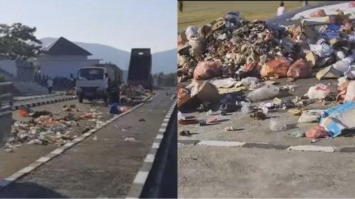 Belasan petugas kebersihan membuang 20 ton sampah di depan kantor bupati bupati Seram Bagian Barat, Maluku pada Senin (20/11/2023).