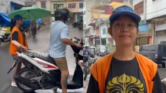 Potret saat Wenni Jesika Silitonga, Mahasiswi Universitas Indonesia (UI) mengatur parkir di Jalan Letjen S. Parman, Tebingtinggi, Sumatera Utara.