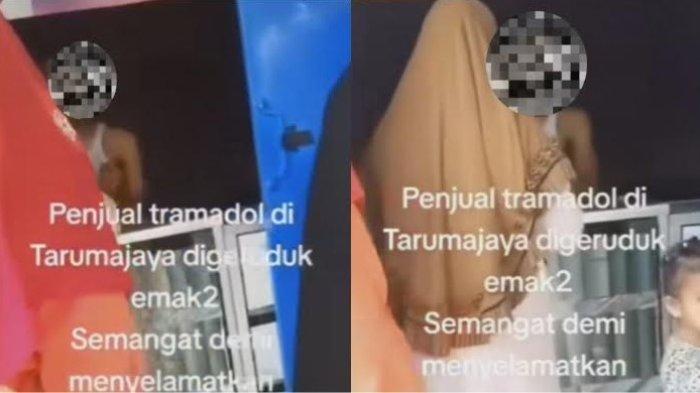 Puluhan emak-emak geruduk tokok yang diduga jual obat tramadol dan hexymer di Tarumajaya, Bekasi, Jawa Barat.