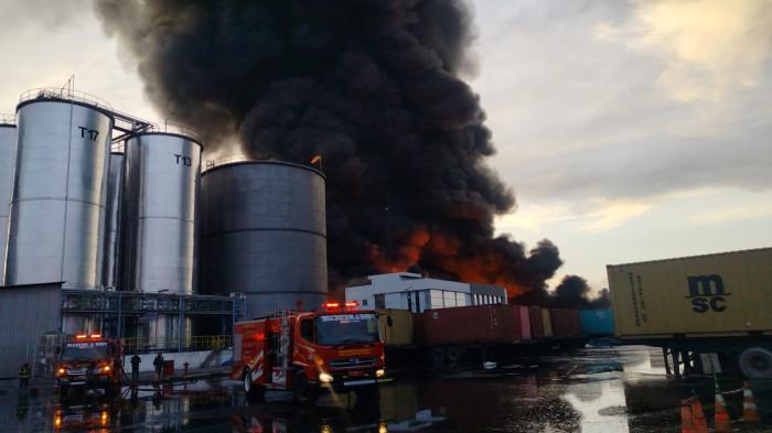Puluhan petugas damkar terluka bakar akibat memadamkan si jago merah yang sedang membara di Pabrik Minyak Makan PT. Agro Raya Mas di Jalan Kapten Ilyas/ Jalan Jermal Raya, Sei Mati, Medan Labuhan, Rabu (23/7/2025)