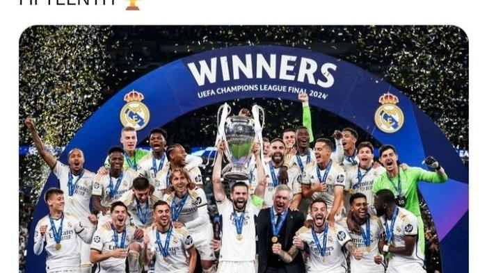 Real Madrid merayakan gelar Liga Champions ke-15 di Stadion Wembley, Sabtu (1/6/2024). (TWITTER.COM/BRFOOTBALL)
