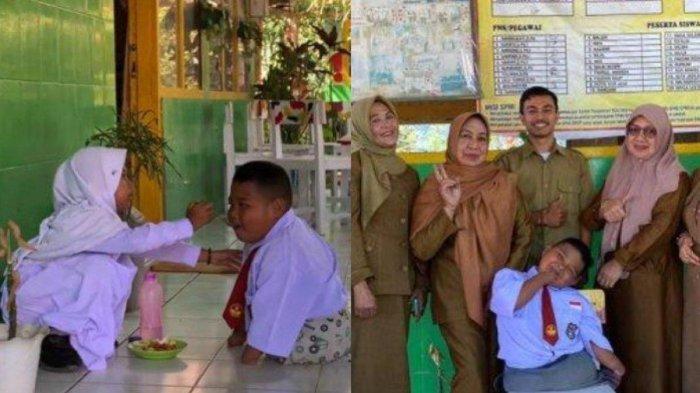 Reski Bocah SD tak Punya Tangan dan Kaki disuapi teman sekelasnya