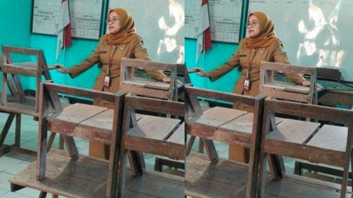 RUANG KELAS KOSONG - Kepala Sekolah SDN 1 Patalan, Dhian Mayasari, saat berada di ruang kelas 1, Senin (14/7/2025). Suasana hari pertama Masa Pengenalan Lingkungan Sekolah (MPLS) di sekolah ini sepi karena tak mendapat murid baru.